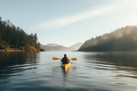 Paddling Peace: Man Kayaking on Tranquil Watersの素材