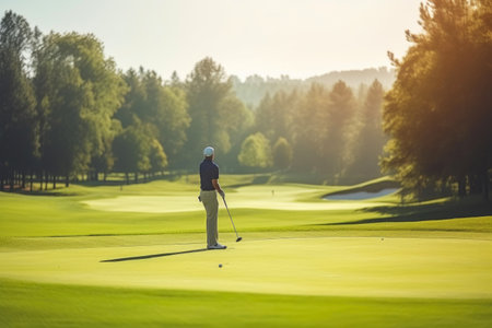 Professional Golfer Studying His Form on a Sunny Golf Dayの素材