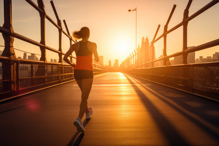 Early Morning Cardio: Female Jogger on Urban Bridgeの素材