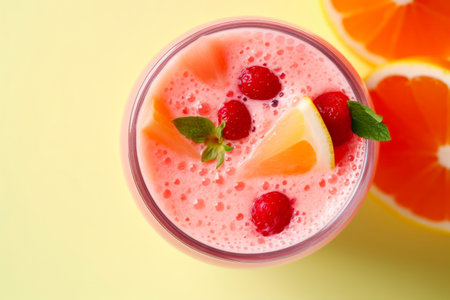 Sip of Paradise: Fresh Fruit Shake in Glass, Vibrant Top Viewの素材