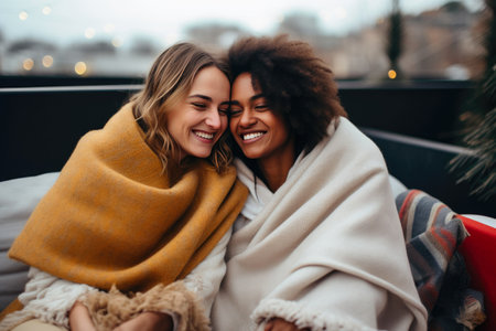 Chilly Delight: Friends Enjoying Winter on the Terraceの素材