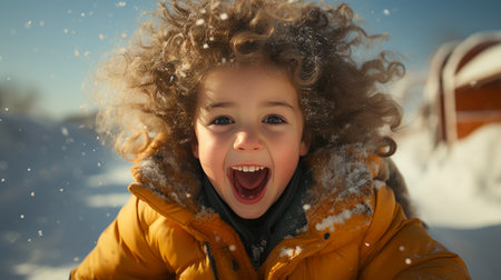 Snowy Adventures: Laughing Toddler on Sledの素材