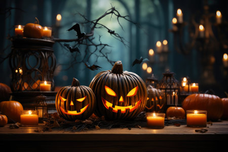 Eerie Halloween Pumpkin with Fiery Candlesの素材