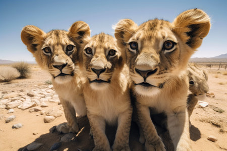 Candid Lion Cubs in a Desert Landscapeの素材
