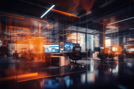 Futuristic Neon Workspace with Tech Overlayの素材