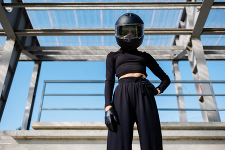 Street Vibe: Brunette Beauty with Moto Helmetの写真素材