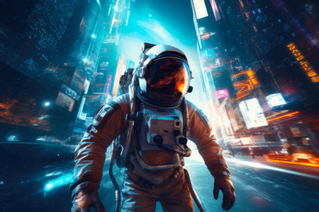 Frontier of the Future: Astronauts Explore a Sci-Fi Cityscapeの素材