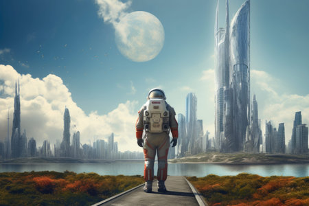 Cosmic Explorer Approaching Distant Futuristic Metropolisの素材
