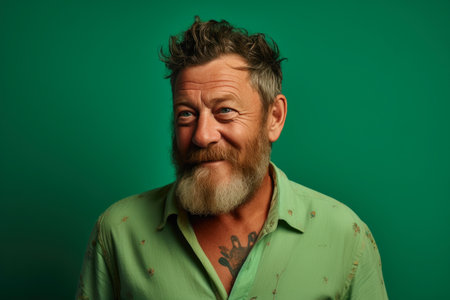 Radiant Joy: Grinning Middle-Aged Man on Greenの素材