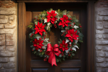 Elegant Poinsettia and Pine Wreath on Cottage Entrywayの素材