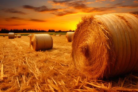Captivating Fall Landscape: Pumpkins Adorned on Hay with Scenic Fieldsの素材