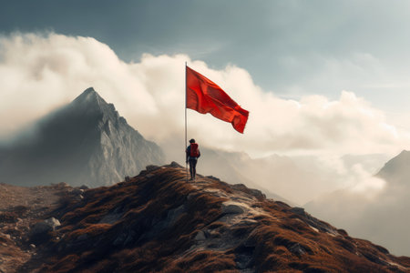 Elevated Conquest: Hiker Reaches Flagged Summitの素材