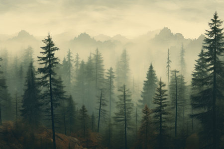 Retro Vibes: Pine Trees Amidst Fogの素材