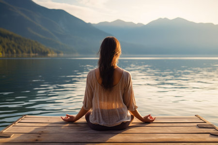 Tranquil Serenity: Woman Meditating by the Lakeの素材