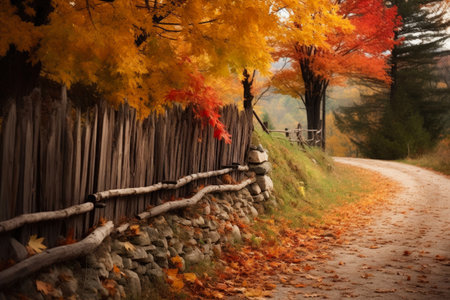 Autumn's Palette: Wooden Fence in Nature's Canvasの素材