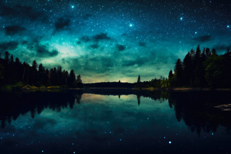 Midnight Symphony: Tranquil Waters beneath a Starlit Skyの素材