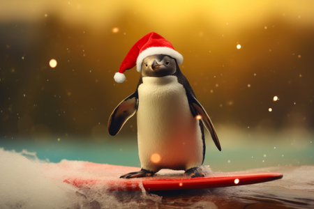 Festive Penguin Riding Waves in Santa Knit Capの素材