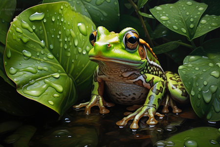 Aquatic Amphibian Perched Amidst Verdant Foliageの素材