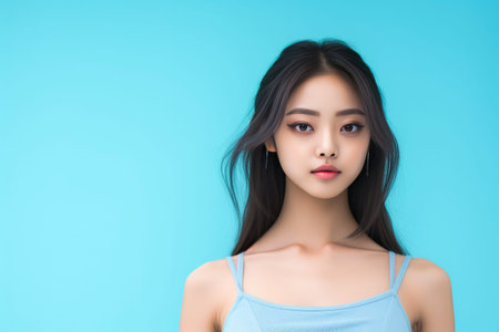 Chic Charm: Pretty Asian Model on Sky Blueの素材