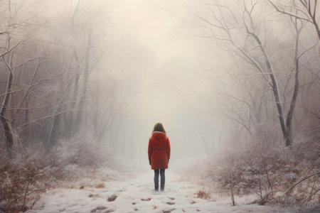 Solitude Amidst Snow: Woman Embracing Natureの素材