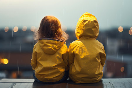 Innocent Rain Gaze: Children on Sheltered Rooftopの素材