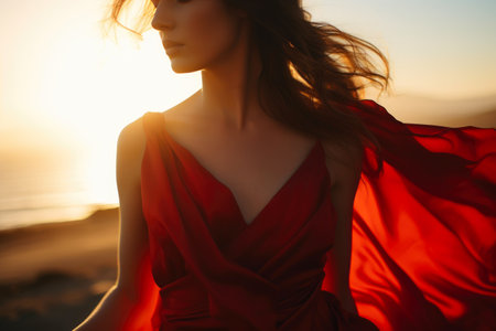 Graceful Silhouette: Elegant Red Dress at Sunsetの素材