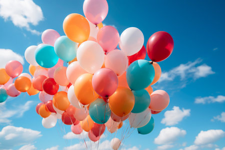 Vivid Skies: Colorful Balloons Soaring with Sunbeamsの素材