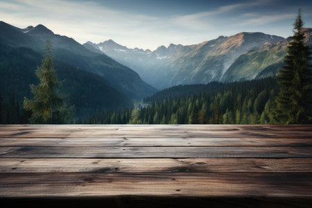 Empty Wooden Planks with Mountain Backdropの素材