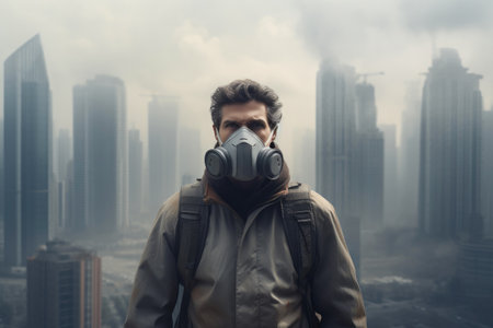 Air Pollution Crisis: Man Wearing Mask in Smog-Enveloped Cityscapeの素材