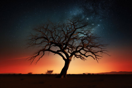 Night Symphony: Lone Tree in Desert Embracing the Milky Wayの素材