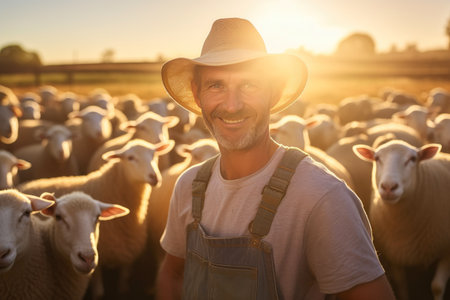 Cheerful Rancher amidst Grazing Sheepの素材
