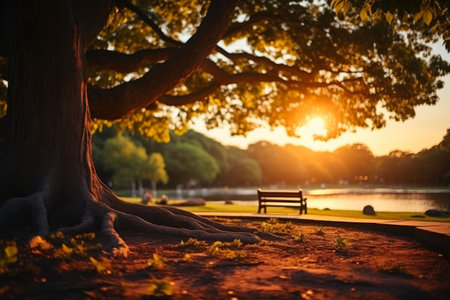 Golden Hour: Sun Descends Behind Majestic Oakの素材