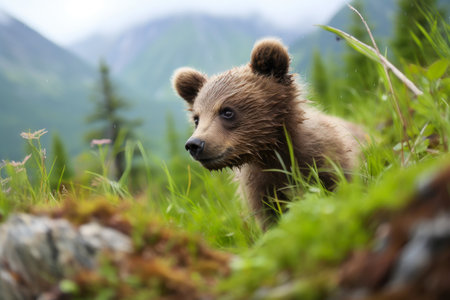 Curious Young Bear Cub Roaming Alpine Meadowsの素材