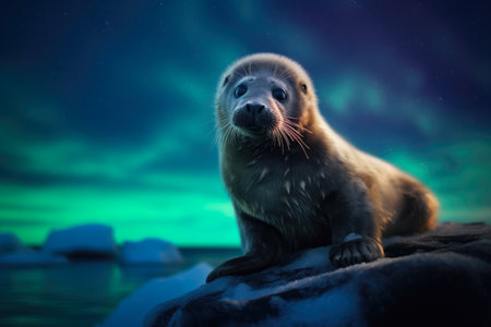 Nocturnal Beauty: Seal Bathed in Aurora Brillianceの素材