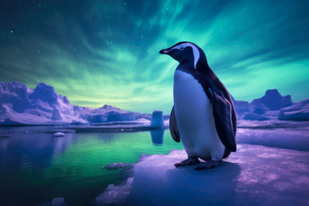 Aurora's Arctic Visitor: Nighttime Penguinの素材