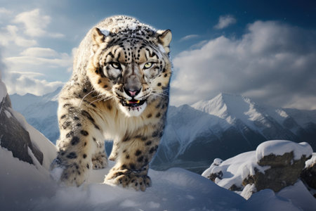 Predator's Gaze: Snow Leopard Amidst Falling Snowの素材