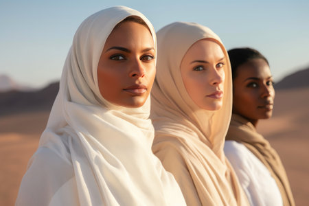 Desert Serenity: Diverse Trio in White Abayasの素材