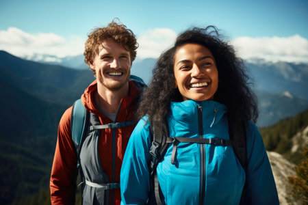 Joyful Couple Embracing with Mountainous Backdropの素材