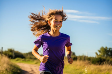 Vibrant Teen Athlete in Purple Top Running Outdoorsの素材