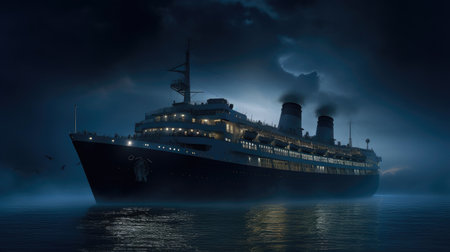 Ghostly Silence: Abandoned Cruise Ship in Moonlit Mistの素材