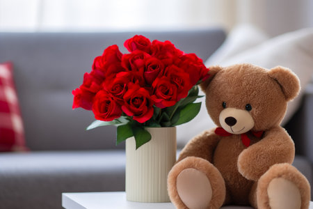 Fluffy Teddy Bear Embraces Spring with Red Tulipsの素材