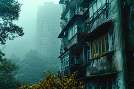 High-Rise Serenity: Fog-Blanketed Terrace in Green Hueの素材