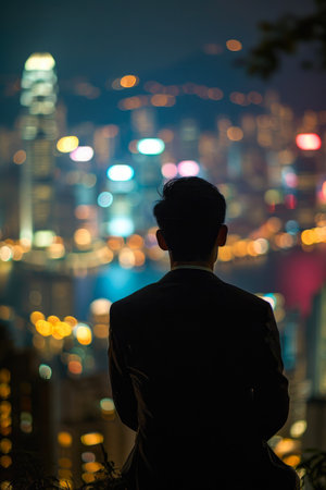 Night Vision: Successful Businessman Contemplating City Skylineの素材