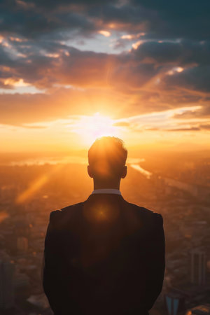 Close Encounter with Success: Businessman Facing the Sunriseの素材