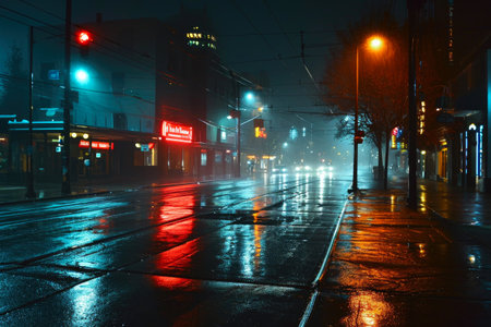 Cityscape at Dusk: Luminous Signs Amid Misty Roadsの素材