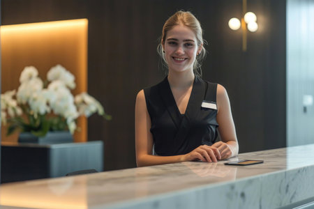 Chic Hospitality: Smiling Receptionist at Contemporary Counterの素材