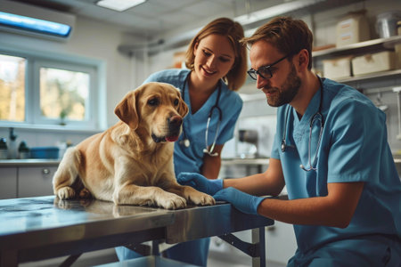 Dedicated Female Vet and Apprentice Examining Patientの素材