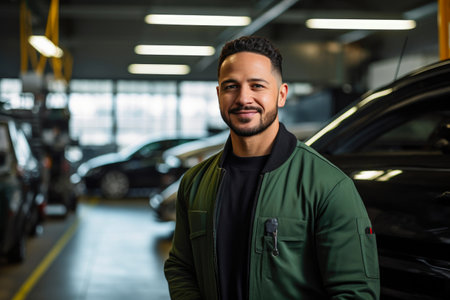 Joyful Car Specialist Enjoying Respite Amidst Vehicle Sceneの素材