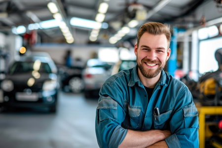 Happy Car Specialist Relaxing Amongst Contemporary Vehiclesの素材