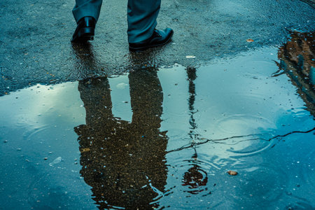 Reflective Strides: City Life Seen through Businessman's Legsの素材